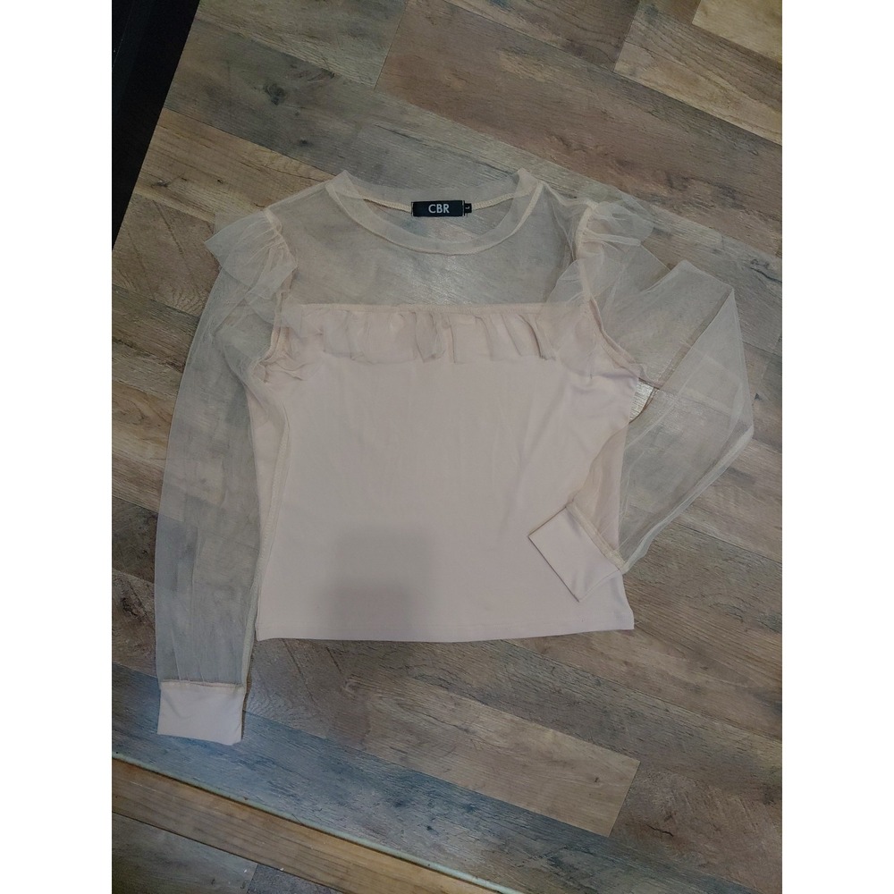 Retro CBR Mesh Ruffle  Top Womans  Beige Long‎ Sleeve Cotton Blend